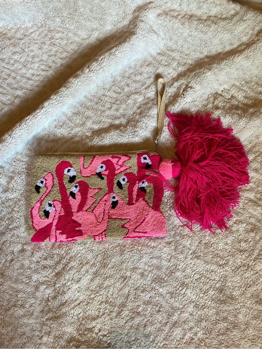 Heavy pink flamingo orchidea latch hook style wristlet with fringe accent